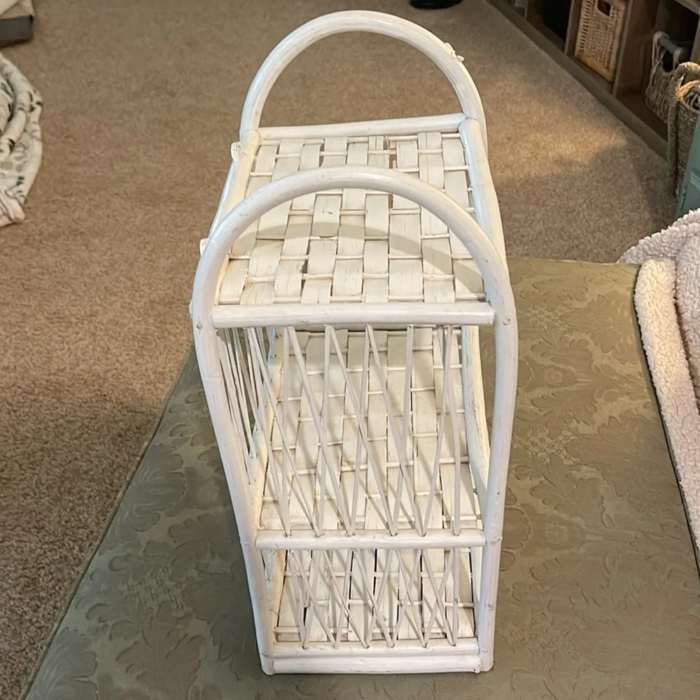 Vintage White Wicker Rattan 3 Tier Wall Shelf with Towel Bar-Boho MCM